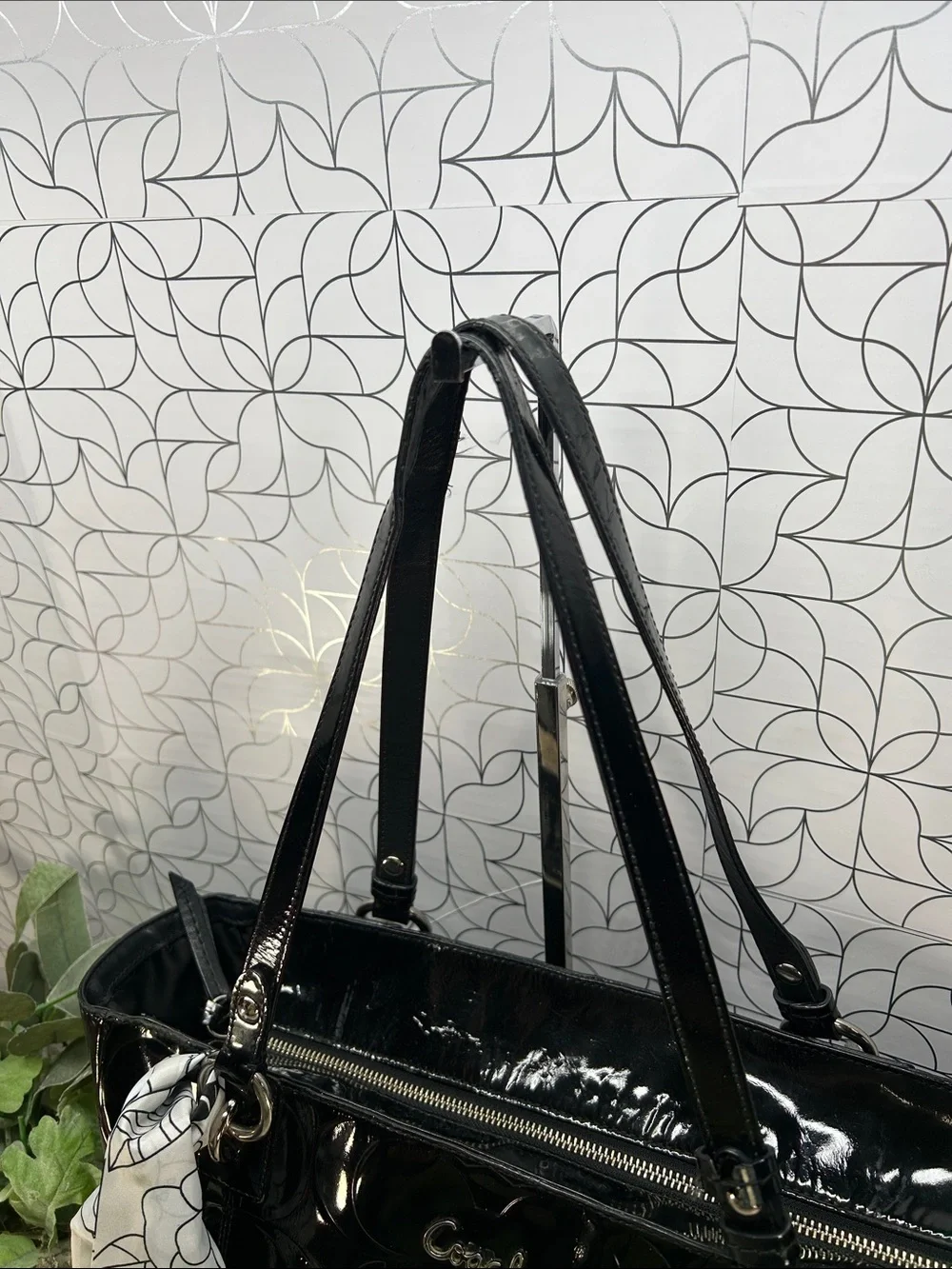 Coach black patent leather zip top tote bag